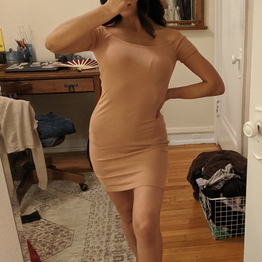 Ribbed light pink Bodycon off shoulder dress